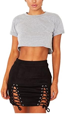 Womens Bodycon Faux suede Sexy High Waist Lace Up Criss Cross black Mini Skirt(small)