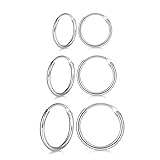 3 Pairs Sterling Silver Small Hoop Earrings Set Hypoallergenic Endless Cartilage Earrings Huggie Nose Lip Rings for Women Men Girls, 8mm 10mm 12mm