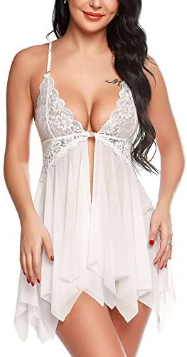 Mathea Women's Babydoll Lingerie Floral Lace Chemise V Neck Open Front Sleepwear