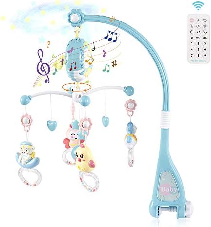 Strategy スピード対応 全国送料無料 ベッドメリー ベビーベッドおもちゃ 赤ちゃんメリー ベッドオルゴール 360回転 音楽 投影 リモコン付 ブルー 出産祝い おもちゃ 簡単に眠り 新生児 知育寝具