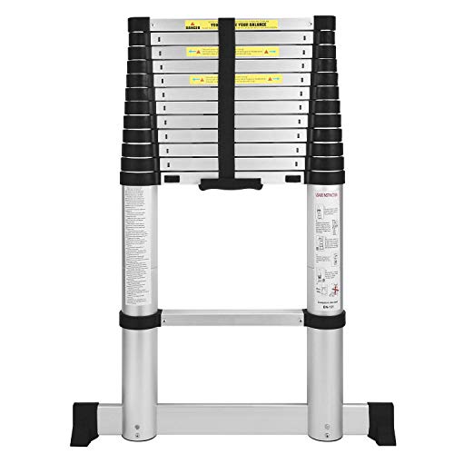 AODI Aluminum Telescoping Ladder with Stabilizer Bar, Telescopic Extension Multi Purpose Ladders Portable EN131 Certified for Industrial Household Daily (12.5 FT and 330 LB)