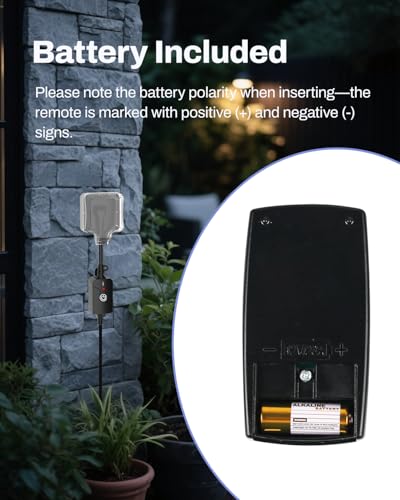 HBN Outdoor Indoor Wireless Remote Control 3-Prong Outlet Weatherproof Heavy Duty 15 A Compact 1 Remote 1 Outlet with Remote 6-inch Cord 100ft Range ETL Listed (Battery Included)