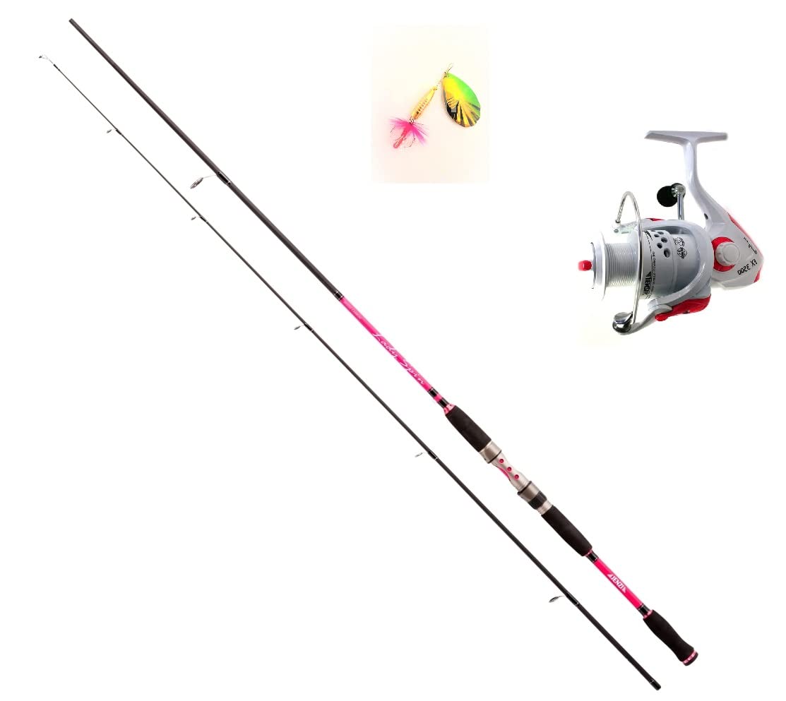 Set: Jenzi Lady Spin Pink 25g 2,40 m Fishing Rod + Reel Cindy FX2500 + Free Bait and Petri Heil. [German Language