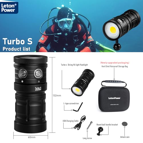 LetonPower Turbo S Diving Video Torch 10000 Lumens – VIDEO Lampe 120° CRI 92 5200K, Waterproof 100 m, USB-C Charging for Underwater Photos and Videos