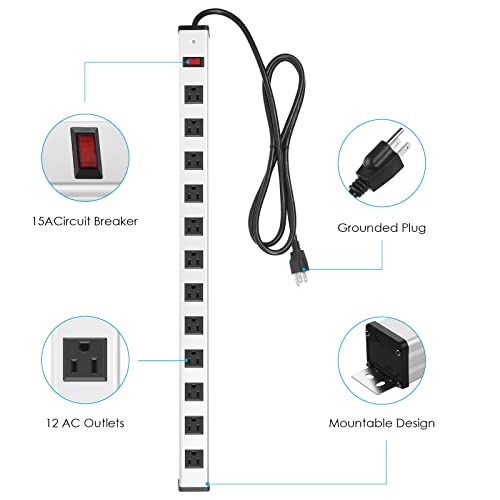 12 Outlet Industrial Metal Power Strip, WideSpaced Long Power Strip