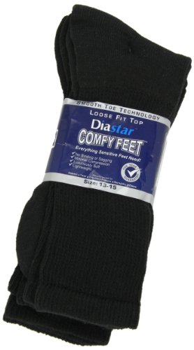 Diastar Comfy Feet Diabetic Socks, Black, 13-15, 3 pack