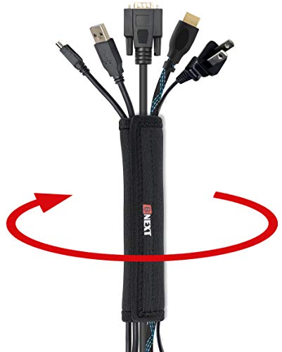 GrabAll Cable Management Sleeve That Sticks to Surfaces - 2 Pack – New 6” Cord/Wire Sleeve Organizer for Office & Home + Fasteners. Black Flexible Neoprene with Adjustable Width to Fit Various Wires