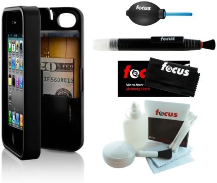 Black, Case for iPhone 4/4S with built-in storage space for credit cards/ID/money by EYN (Everything You Need) + Focus Accessory Kit