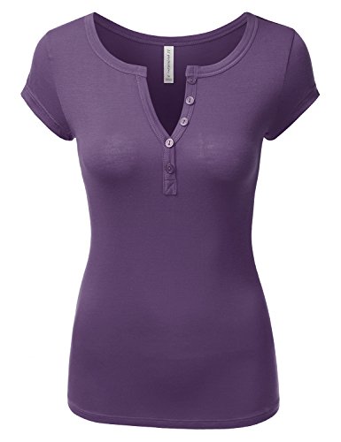 JJ Perfection Women's Short Sleeve Basic Henley Deep V-Neck Button Placket T-Shirt Violet S