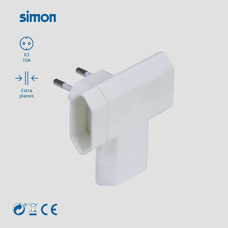 – Adaptador 3 tomadas extra planas laterais 10A (250V, 2500W), ficha MÚLTIPLA compacta para espaços REDUZIDOS, cor branca