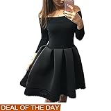 FANCYINN Women Off-shoulder Long Sleeve Lace Evening Cocktail Party Pleated Dress