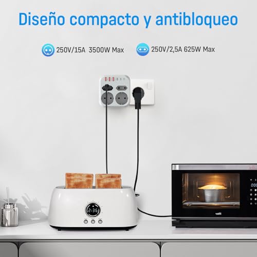 Thief Flat Sockets, 10 in 1, Multiple Plug with 6 USB, 2 Schuko and 2 EU Plugs, Wall Sockets, Double Plug 3500W, Thief USB C Plugs for Mobile, Family, Office, Kitchen, Grey White