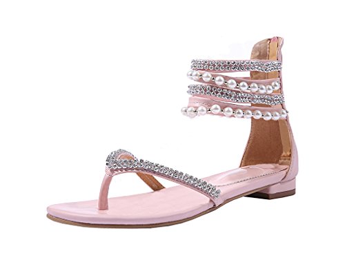 Fashare Womens Bohemia Beads Rhinestone Thong Flat Beach Sandals Clip-toe Wedding Shoes