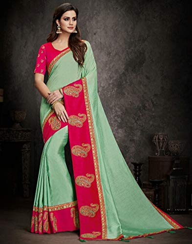 DesiButik's Party Wear Ravishing Green And Pink Satin Silk Saree