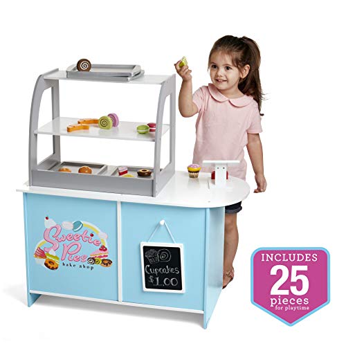 Wooden Bakery Playset Pretend Stand for Kids - 25 Piece Bake Shop Counter w Food, Chalkboard, Cash Register, Trays - Durable Construction for Creative Playtime - Thumbnail 7