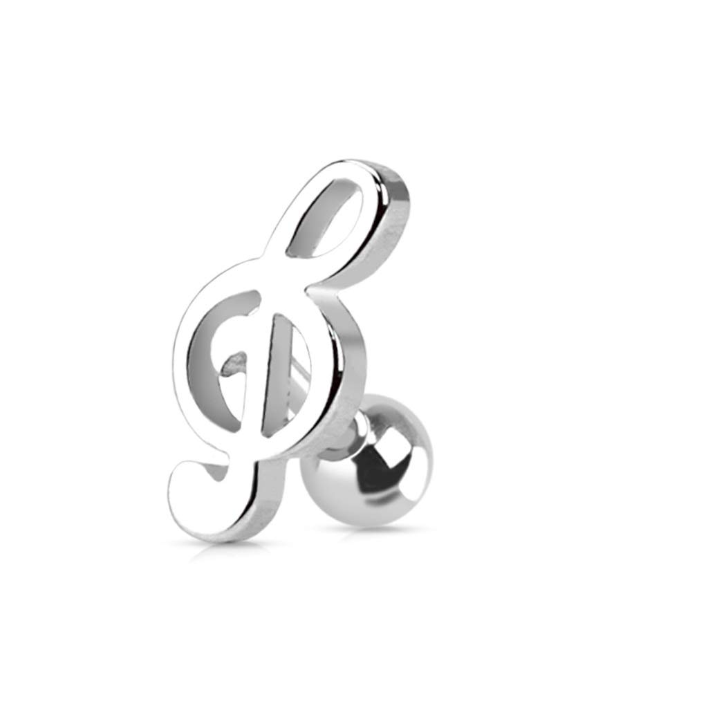PiercedOff 316L Surgical Steel Cartilage Barbell with Treble Clef Music Note - Thickness 16GA (1.2mm) / Length 6mm / Ball Size 3mm