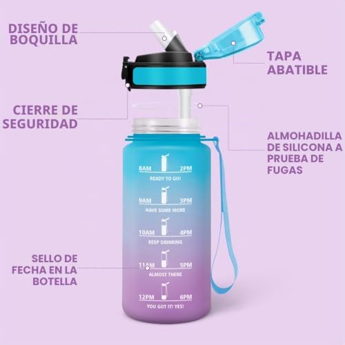 Garrafa de água infantil, 500ml com palha, cantil infantil, à prova de fugas, garrafas de água para crianças, com marcador de horas, cantina, para escritório, escola, yoga, azul roxo