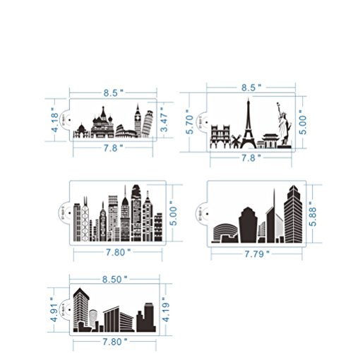 AK ART KITCHENWARE 5pcs/set 8.55 inch Landmark Building Plastic Stencils Template for Fondant Cake Decorating Supplies Decor Stencil Mold White ST-865