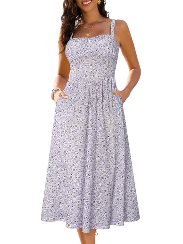 Sureple Bustier Spring Midi Dresses for Women 2026 Casual Sleeveless A Line Square Neck Spaghetti Strap Dress (SP566-Purple Floral 04-S) at Amazon