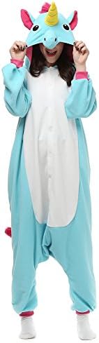 Famycos One-piece Animal Costumes Pajama for Unisex Family School Cosplay Party New Blue Unicorn Adult-XL