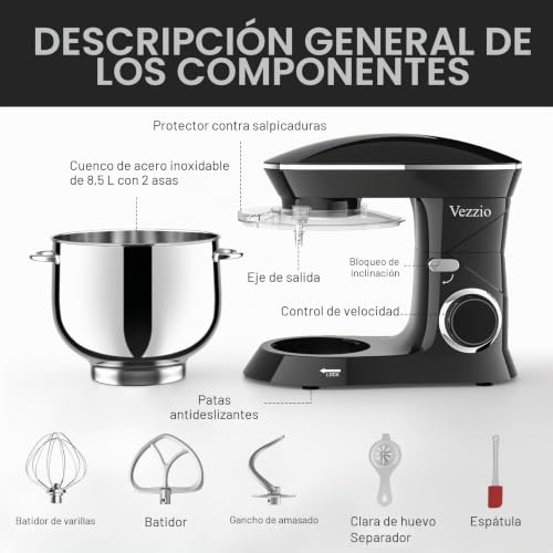 Vezzio 8.5L Professional Pastry Mixer 1500 W 6 Speeds Kitchen Robot Mixer Multifunction Low Noise Stainless Steel Bowl, Kneader, Whisk and Rods (Black)