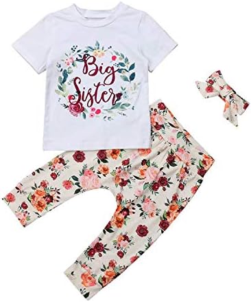 HESHENG Baby Girls Sister Pants Set Little Big Sister Print Romper Top+Floral Pants+Headband 3pcs Outfits Set