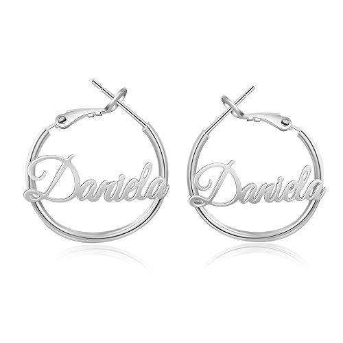 Custom Hoop Name Earrings Personalized Christmas Jewelry Gifts for Women Girls (Silver)