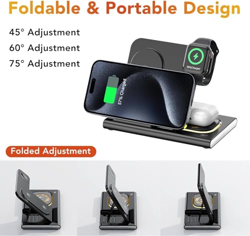 Aimtel 3 in 1 Foldable Charging Station for iPhone17/17Air/16/15/14XS/XR/X/8, Wireless Charger Stand Travel Compatible with Apple Watch Series 11/10/9/8/7/6/Ultra 2/3/SE3,for Air Pods Pro/4/3/2