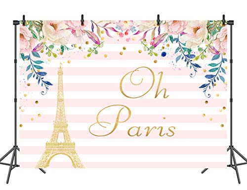 Sensfun Pink White Striped Paris Eiffel Tower Backdrop Gold Spots Floral Party Banner Studio Video Background Kids Children Girls Photography Photo Props 7x5ft