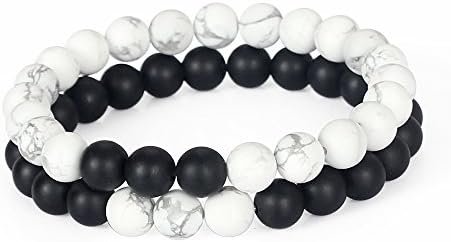 Dilusso His &amp; Hers Matte Howlite &amp; Agate Gemstone Beaded Matching Couples Distance Bracelet