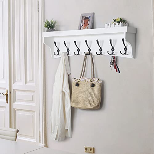 WEBI Coat Rack Wall Mount with Shelf,35’’ Long White Shelf with Hooks