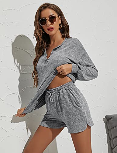 ZHENWEI Women Long Sleeve Sweatsuit Sets Knit Tracksuit 2 Piece Casual Outfit Sets Henley Neck Pajamas Set Lounge Sets with Pockets Light Gray S
