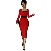 SISKIN Fall Dresses for Women 2025, Long Sleeve Midi Slim Fit Square Neck Color Block Elegant Formal Business Casual Dresses Red L