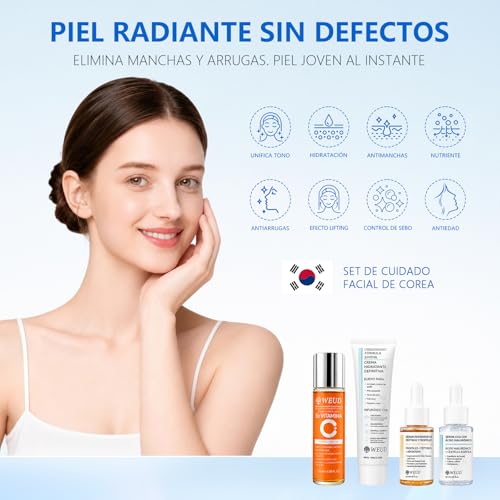 WEUD Skin Care Coreano 4 En 1 Kit, con 1 Crema Hidratante Niacinamida + 1 Tonico Hidratante 5X Vitamina C Activa + 1 Serum Centella Asiatica + 1 Serum Péptidos Propóleo, para Todo Tipo de Piel