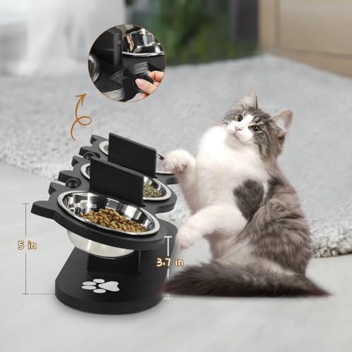 Elevated Cat Food Bowls for Indoor Cats with Adjustable Height Stand and Black Shelf, 3 Stainless Steel Bowls Tilted at 15° for Better Eating Posture, Ideal for Cats and Small Pets (Black)