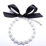 Snow White Dog Cat Pearls Necklace Collar Bling Accessories Ribbon Charm Pet Puppy Jewelry 3 Size (S)