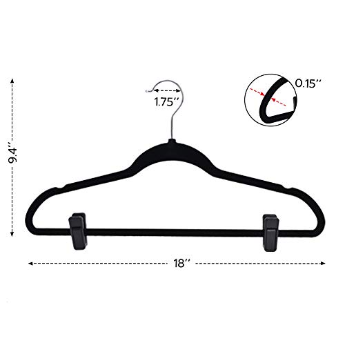 JS HANGER 50 Pack Velvet Multi-use Hangers with 10 PCS Clips for Coat, Suit, Pant, Dress and Skirt - Non-Slip Clothing Hanger with Notches, Space-Saving Slim Hanger, Black