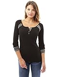 PattyBoutik Women's Long Sleeve Strip Trim Henley Blouse (Black S)