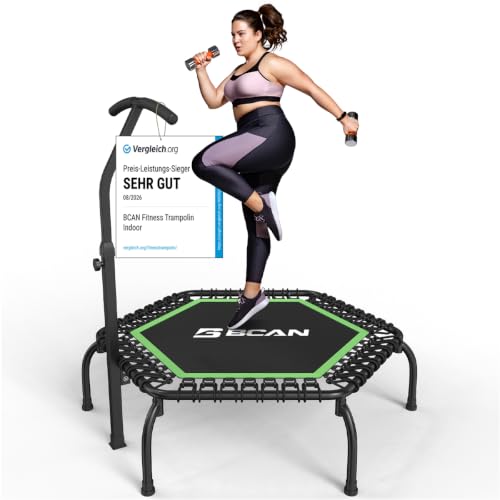 BCAN Fitness Trampolin Indoor Ø 122 cm, Trampolin Erwachsene bis 250 kg, Bodentrampolin mit verstellbarem T-Griff & 42 Gummiseilen, Leise & vibrations