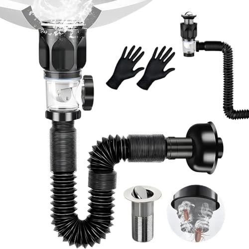 Kit de drenaje para lavabo, canal de desagüe antiolor, con propiedades anti-obstrucción, manguera extensible y ventana de inspección transparente para un fácil mantenimiento e instalación rápida