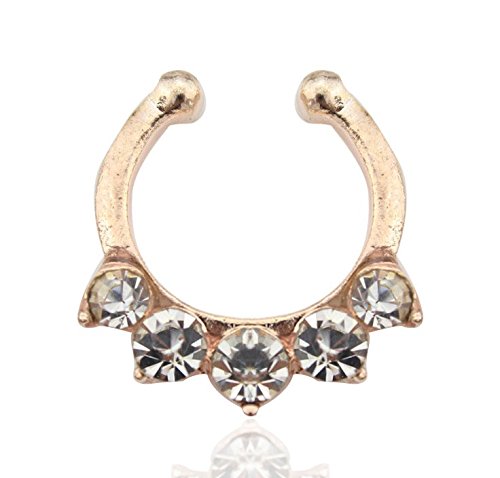 Women's 1Pcs CZ Zircon Fake Septum Clicker Nose Hanger Ring Non Piercing Clip On Jewelry (Rose Gold Color)