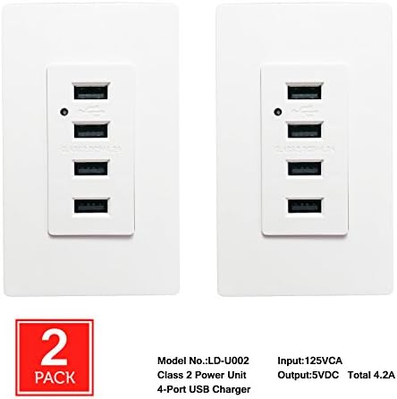 [2 Pack] Seckatech 4 USB Ports Charger Wall Outlet, Smart High Speed Charging Receptacle with 4 Free Plates, 4.2A 5V DC, White