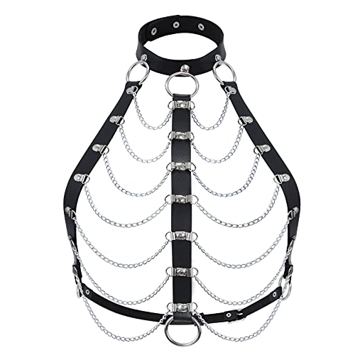 WERFORU Women Black Punk Layered Body Chain Tassel Belt PU Leather Choker Halloween，Fit neck circumference up to 16\