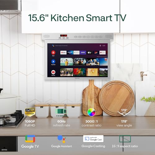 SYLVOX 15.6 Inch Kitchen TV, Foldable TV for Kitchen with Rotation, Google TV Support WiFi Bluetooth, 1080P Smart TV for Kitchen, Bedroom, Motorhome, RV Yacht (Silver)
