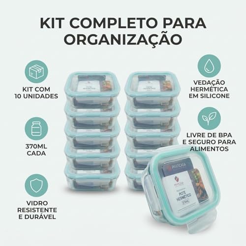 Pote de Vidro Hermético 370ml Retangular Kit 10 Unidades Marmita com Trava Organizador de Alimentos para Geladeira Freezer e Microondas