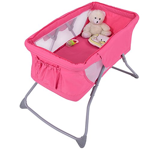 Costzon Baby Bassinet, Lightweight Foldable Rocking Bed with Mosquito Net & Carrying Bag (Pink)