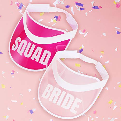 POP FIZZ DESIGNS 80s Bachelorette Squad Visors I 7 Pack I 1 Bride Visor 6 Squad Visors I Bachelorette Hats Pink