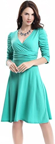 Aamikast Women V-neck 3/4 Sleeved Elegant Smock Sexy Cocktail Dresses (S, Blue green)