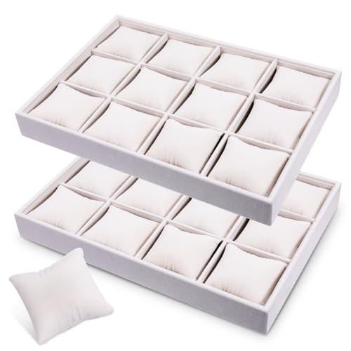 AHQiZFX 2 Pieces Elegant Velvet Watch Tray, 12 Grid Stackable Jewelry Organizer, Adjustable Watch Bracelet Bangle Display Holder, Stylish and Organized Multifunctional Tray (Beige)