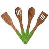 NEW Product -The Kitchen Love Wooden Bamboo Utensils Set With Wooden Serving Cooking Spoons And Spatula With Storage Holes And Silicone Handles With Free Cheesecloth (Green)